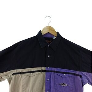Vintage Plains Western Wear Men L Aztec Color Block Short Sleeve Button Up Shirt